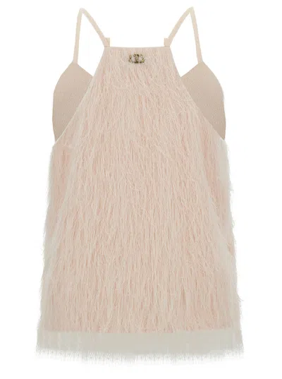 Shop Twinset Light Pink Top With All-over Feathers In Tech Fabric Woman