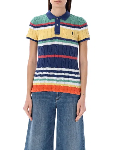 Shop Polo Ralph Lauren Striped Cable Knit Polo Shirt In Medium Blue Multi