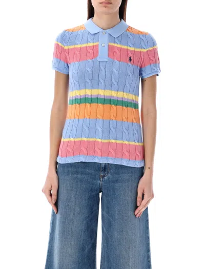 Shop Polo Ralph Lauren Striped Cable Knit Polo Shirt In Light Blue Rose Multi