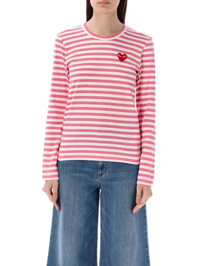 Shop Comme Des Garçons Play Striped Long Sleeve T-shirt In Pink White