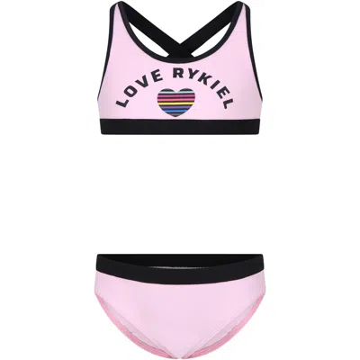 Shop Rykiel Enfant Pink Bikini For Girl With Logo And Heart