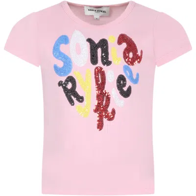 Shop Rykiel Enfant Pink T-shirt For Girl With Logo And Sequins