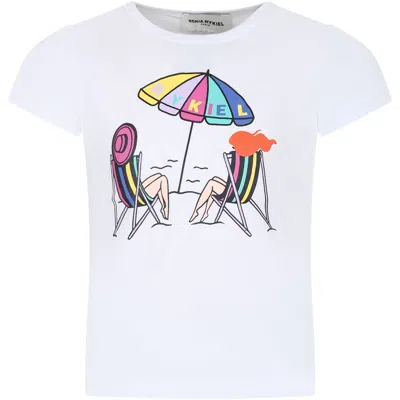 Shop Rykiel Enfant White T-shirt For Girl With Beach Print