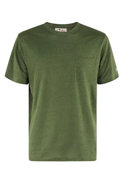 Shop Mc2 Saint Barth Linen T Shirt With Front Pocket In Military