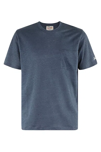 Shop Mc2 Saint Barth Linen T Shirt With Front Pocket In Blue Navy
