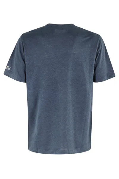 Shop Mc2 Saint Barth Linen T Shirt With Front Pocket In Blue Navy