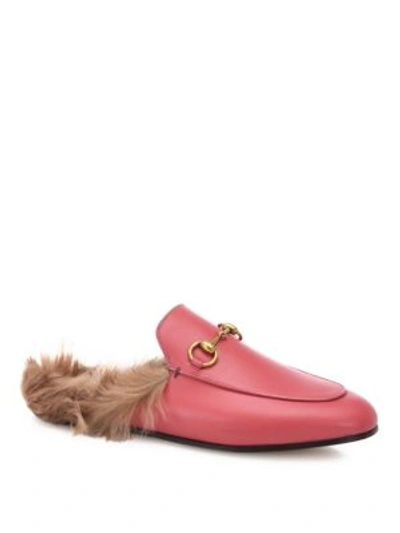 Shop Gucci Princetown Fur-lined Leather Slippers In Pink-multi