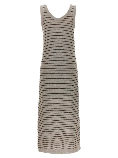 Shop Brunello Cucinelli Sequin Striped Long Dress In Gray