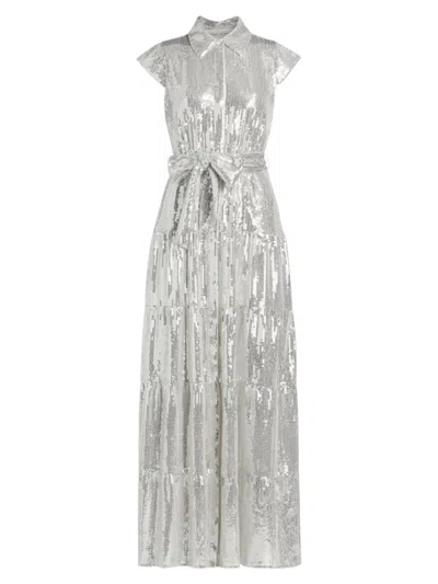 Shop Alice And Olivia Women's Miranda Sequined Tie-waist Tiered Maxi Shirtdress In Silver