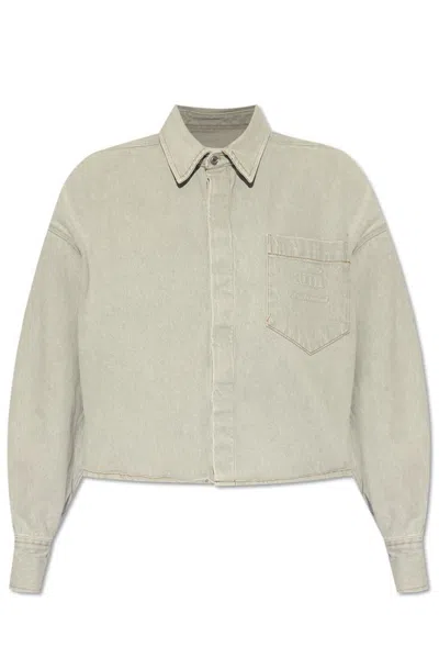 Shop Ami Alexandre Mattiussi Ami Paris Logo Embossed Cropped Denim Shirt In Grey