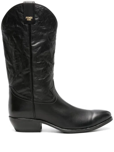 Shop Fendi Black 40 Crinkled Leather Cowboy Boots