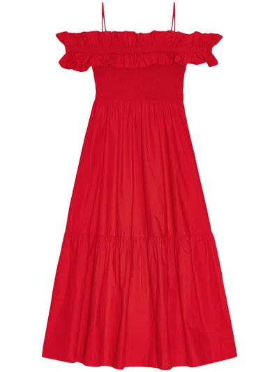 Shop Ganni Red Ruffled Poplin Midi Dress