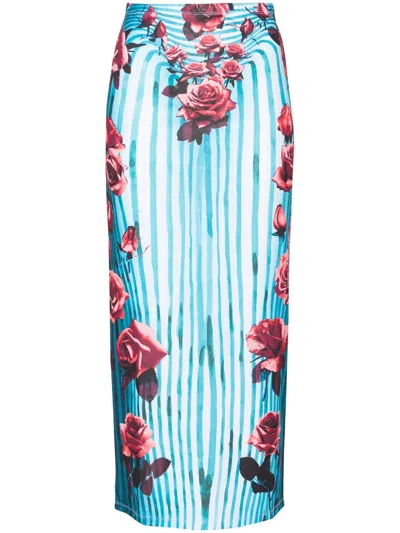 Shop Jean Paul Gaultier Blue Morphing Rose-print Pencil Skirt