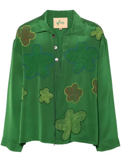 Shop Glass Cypress Green Floral-embroidered Silk Shirt