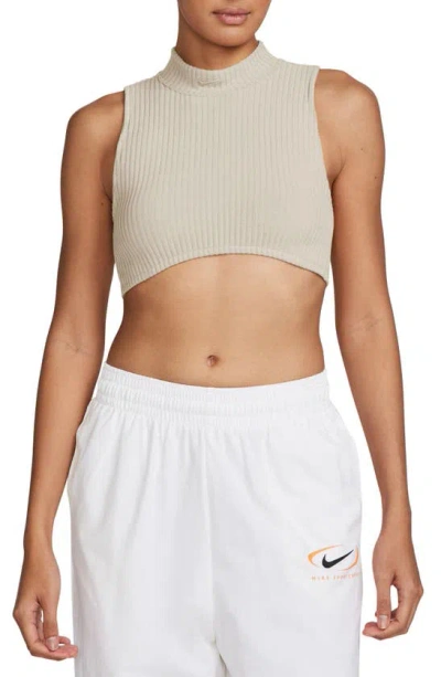 Shop Nike Sportswear Chill Knit Mock Neck Crop Rib Tank In Light Orewood/ Light Orewood