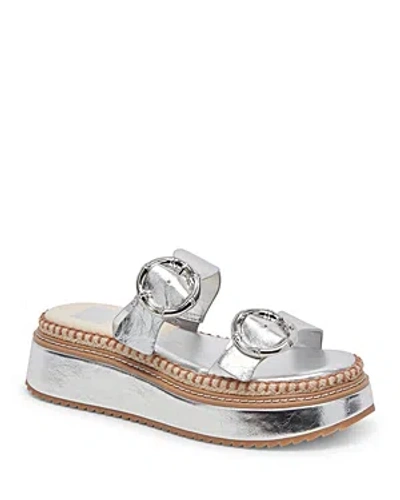 Shop Dolce Vita Women's Rysha Slip On Buckled Platform Sandals In Silver Crinkle Patent