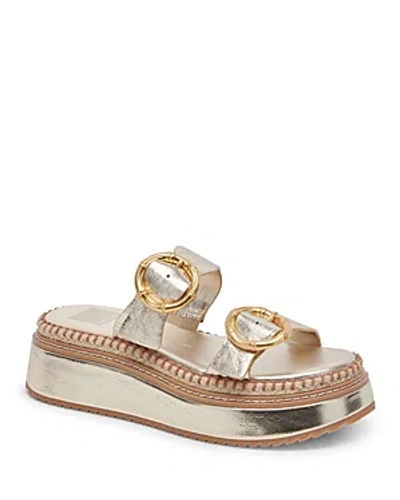 Shop Dolce Vita Women's Rysha Slip On Buckled Platform Sandals In Light Gold Crinkle Patent