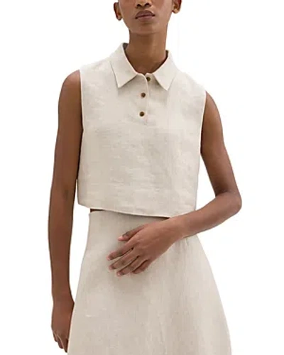 Shop Theory Linen Sleeveless Crop Polo Top In Straw