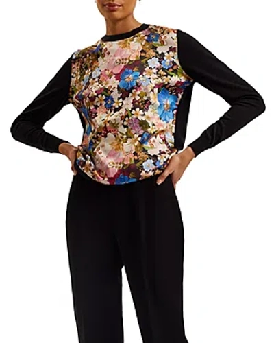Shop Ted Baker Printed Woven Front Sweater In Black