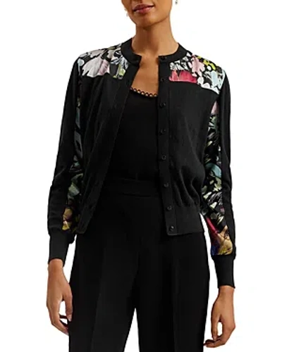 Shop Ted Baker Woven Trim Cardigan In Black