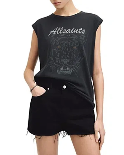 Allsaints Womens Washed Black Hunter Graphic-print Relaxed-fit Cotton Tank In Washed Black