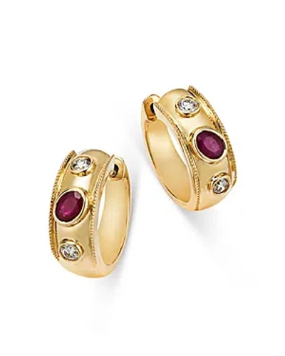 Shop Bloomingdale's Ruby & Diamond Hoop Earrings In 14k Yellow Gold 0.18 Ct. T.w. - 100% Exclusive In Pink/gold