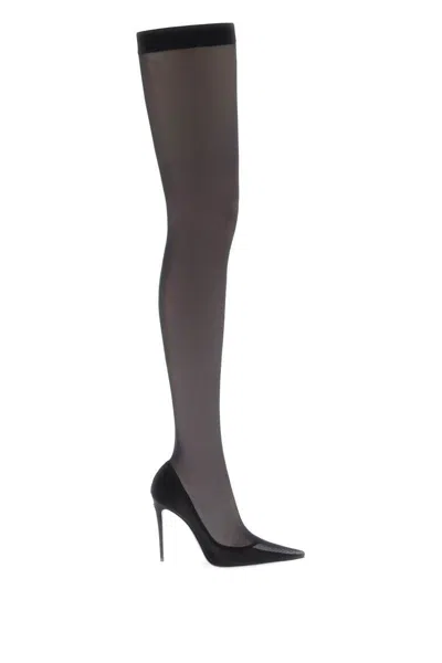 Shop Dolce & Gabbana Stretch Tulle Thigh-high Boots In Black
