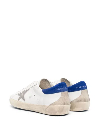 Shop Golden Goose Super-star Distressed Leather Sneakers In White/grey/bluette/beige