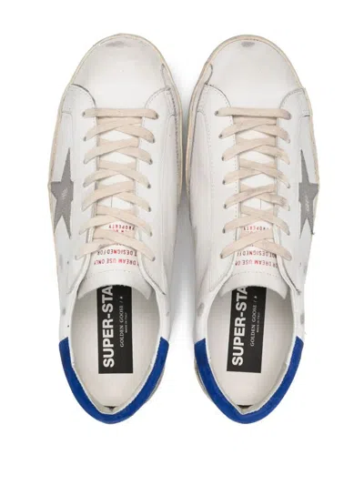 Shop Golden Goose Super-star Distressed Leather Sneakers In White/grey/bluette/beige
