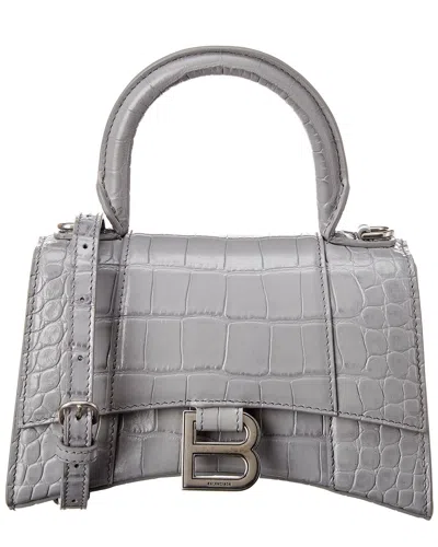 Shop Balenciaga Hourglass Xs Croc-embossed Leather Top Handle Satchel In Grey