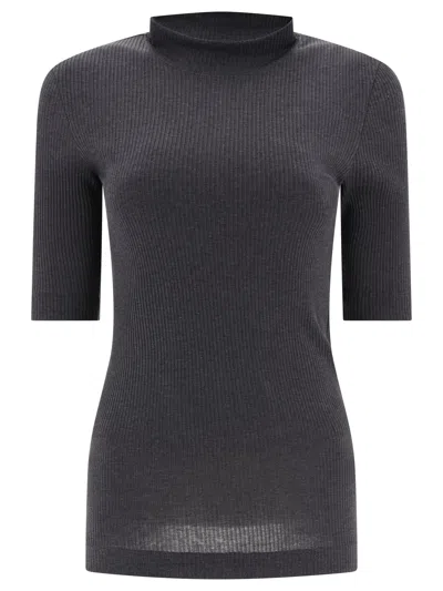 Shop Brunello Cucinelli Ribbed T Shirt With Monili In Grey