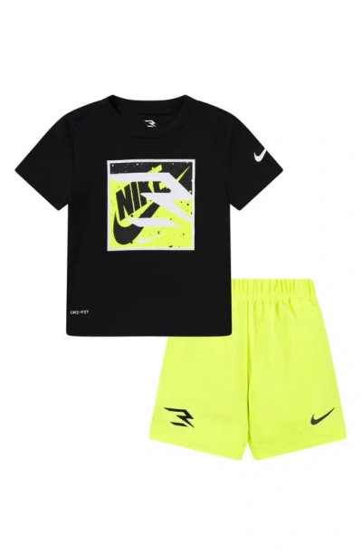 Shop 3 Brand Kids' Dri-fit Colorblock Logo T-shirt & Shorts Set In Black