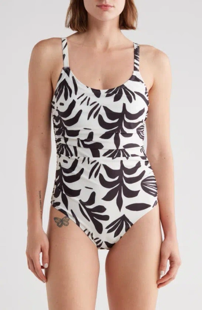 Shop Nicole Miller Side Ruching One-piece Swimsuit In Ivory/ Black Abstract