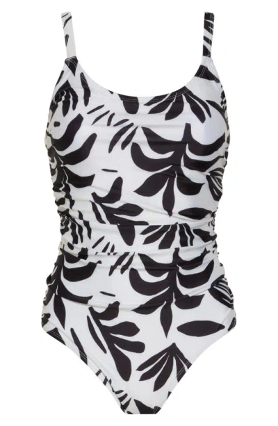 Shop Nicole Miller Side Ruching One-piece Swimsuit In Ivory/ Black Abstract