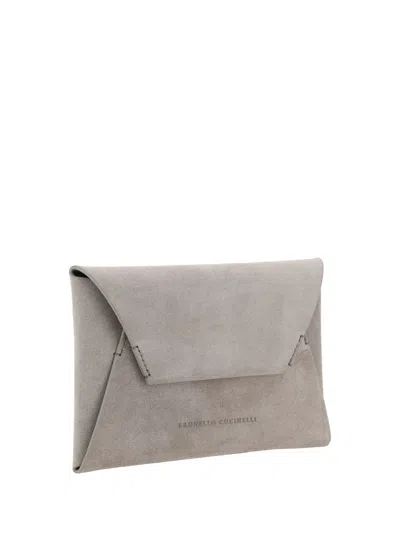 Shop Brunello Cucinelli Suede Clutch In Pietra Serena