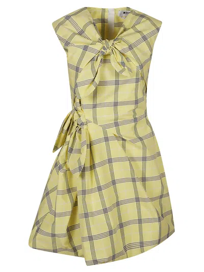 Shop Msgm Bow Detail Check Patterned Flare Dress In Yellow