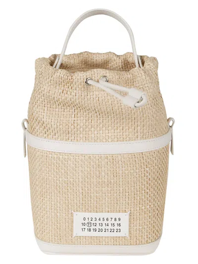 Shop Maison Margiela Logo Patched Woven Bucket Bag In Natural/dirty White