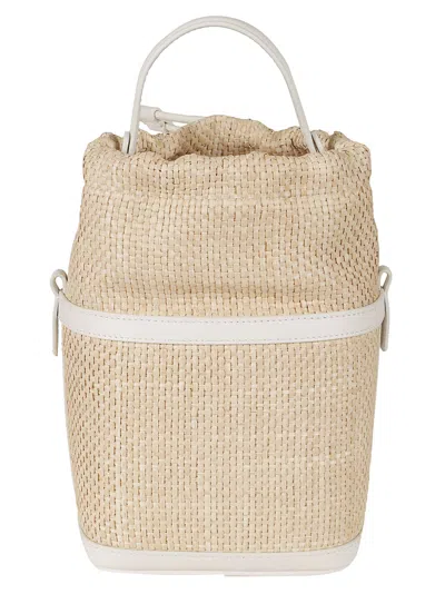 Shop Maison Margiela Logo Patched Woven Bucket Bag In Natural/dirty White
