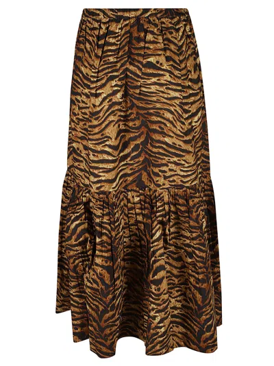 Shop Ganni Animalier Print Flare Skirt In Ochre