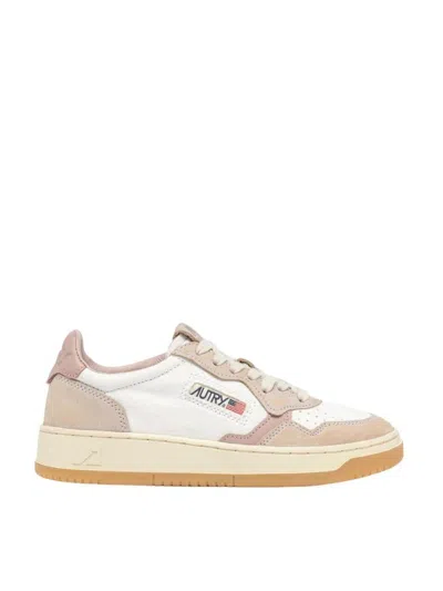 Shop Autry Medalist Low Sneakers In White Canvas And Pink Leather