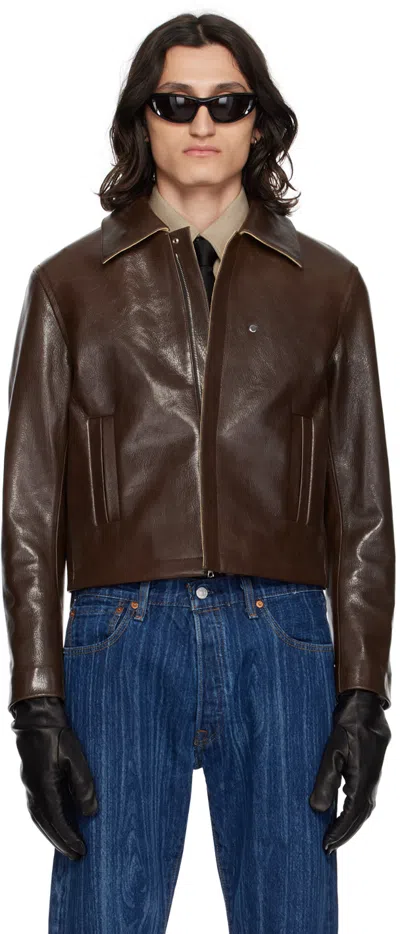 Shop Karmuel Young Brown 2-way Pocket Leather Jacket