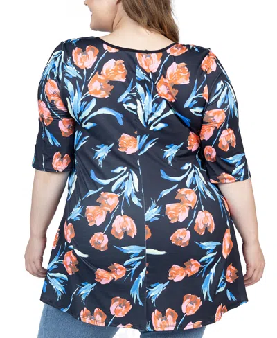 Shop 24seven Comfort Apparel Plus Size Tulip Elbow Sleeve Casual Tunic Top In Orange Multi