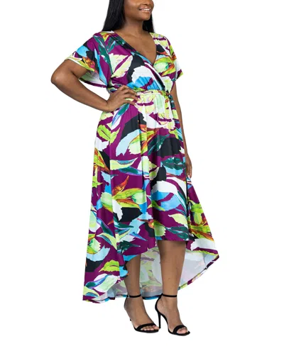 24seven Comfort Apparel Print V Neck Belted High Low Faux Wrap Dress In Purple Multi