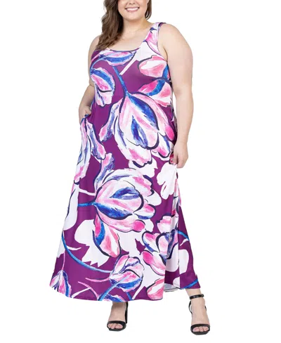 Shop 24seven Comfort Apparel Plus Size Scoop Neck Maxi Dress With Pockets In Pink Multi