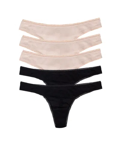 On Gossamer 5-pack Cabana Stretch Cotton Hip-g Thongs In Black,champagne