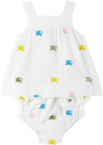 Shop Burberry Baby White Ekd Dress & Bloomers Set In Multicolour Ip Pttn