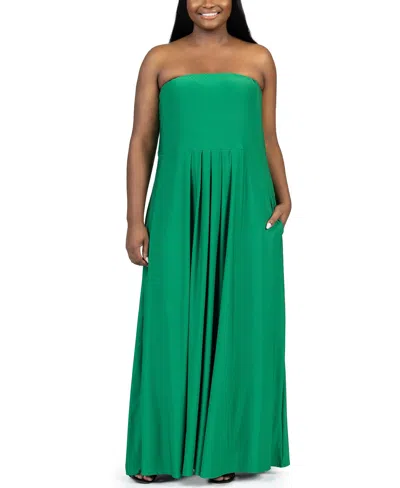 Shop 24seven Comfort Apparel Plus Size Strapless Maxi Dress With Pockets In Green