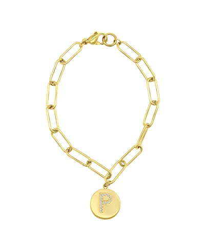 Shop Adornia Tarnish Resistant 14k Gold-plated Pave Crystal Initial Disc Paperclip Bracelet In Gold- P