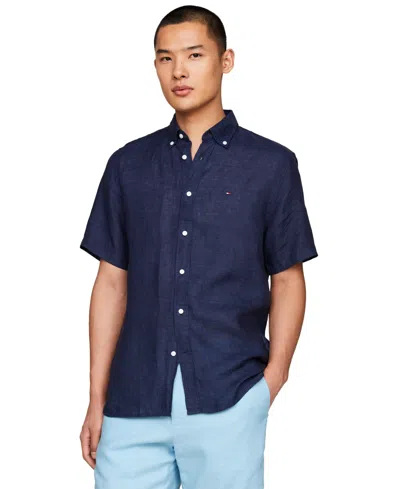 Shop Tommy Hilfiger Men's Regular-fit Linen Short-sleeve Shirt In Carbon Navy