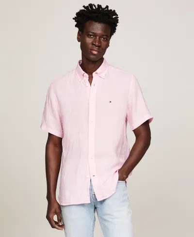 Shop Tommy Hilfiger Men's Regular-fit Linen Short-sleeve Shirt In Carbon Navy